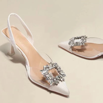 Classic Square Rhinestone Summer Sexy Pointed Slingback Simple Elegant Low Heel Pumps