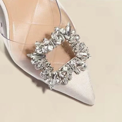 Classic Square Rhinestone Summer Sexy Pointed Slingback Simple Elegant Low Heel Pumps