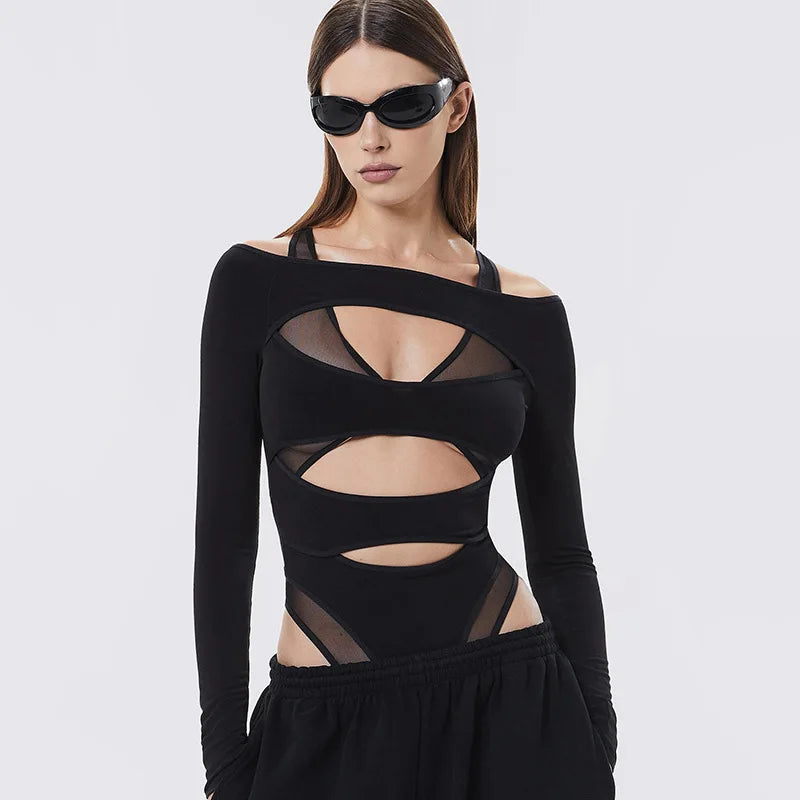 Cyber Punk Hollow Out Sexy Mall Gothic Bodycon Mesh Sheer Patchwork Crop Top