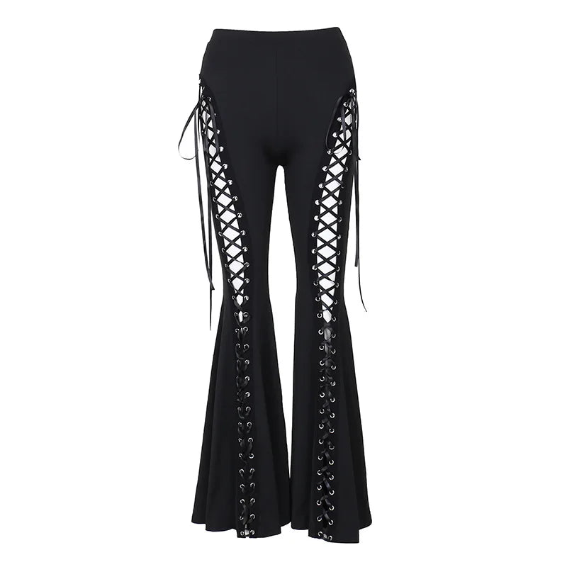 Y2K Grudge Harajuku Gothic Punk Eyelet Bandage Flared High Waist Hip Hop Pants