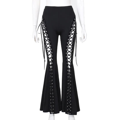 Y2K Grudge Harajuku Gothic Punk Eyelet Bandage Flared High Waist Hip Hop Pants