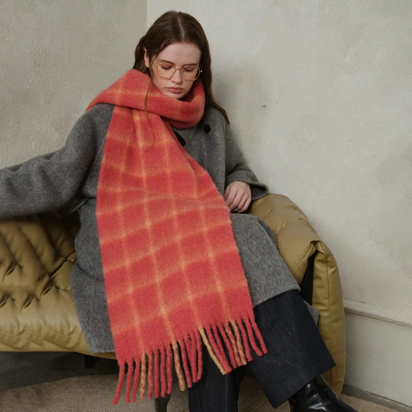 20% Wool Plaid Scarf Women Autumn Winter Soft Pink