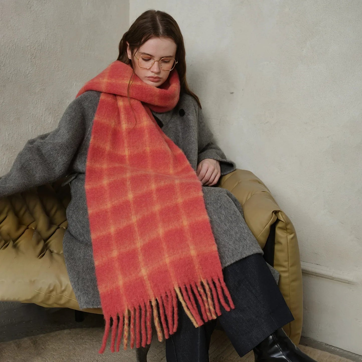 20% Wool Plaid Scarf Women Autumn Winter Soft Pink