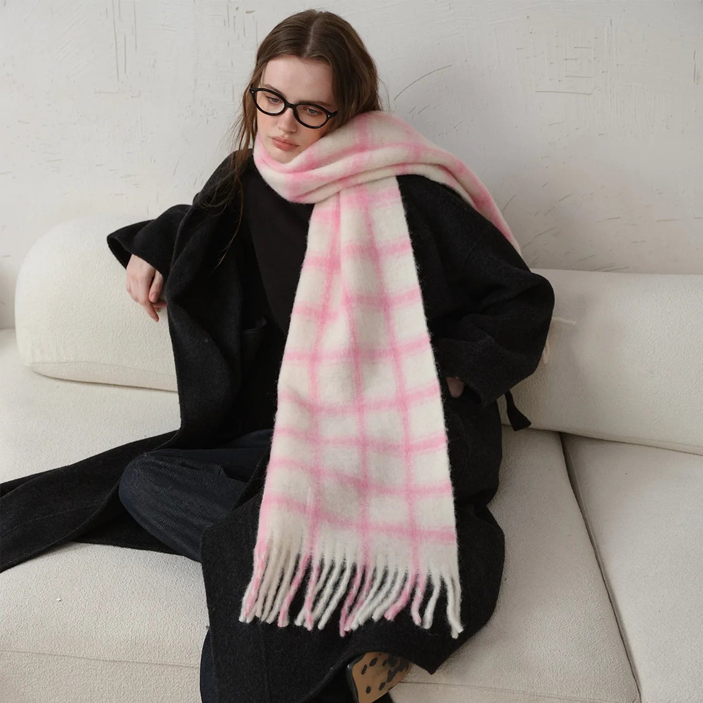 20% Wool Plaid Scarf Women Autumn Winter Soft Pink