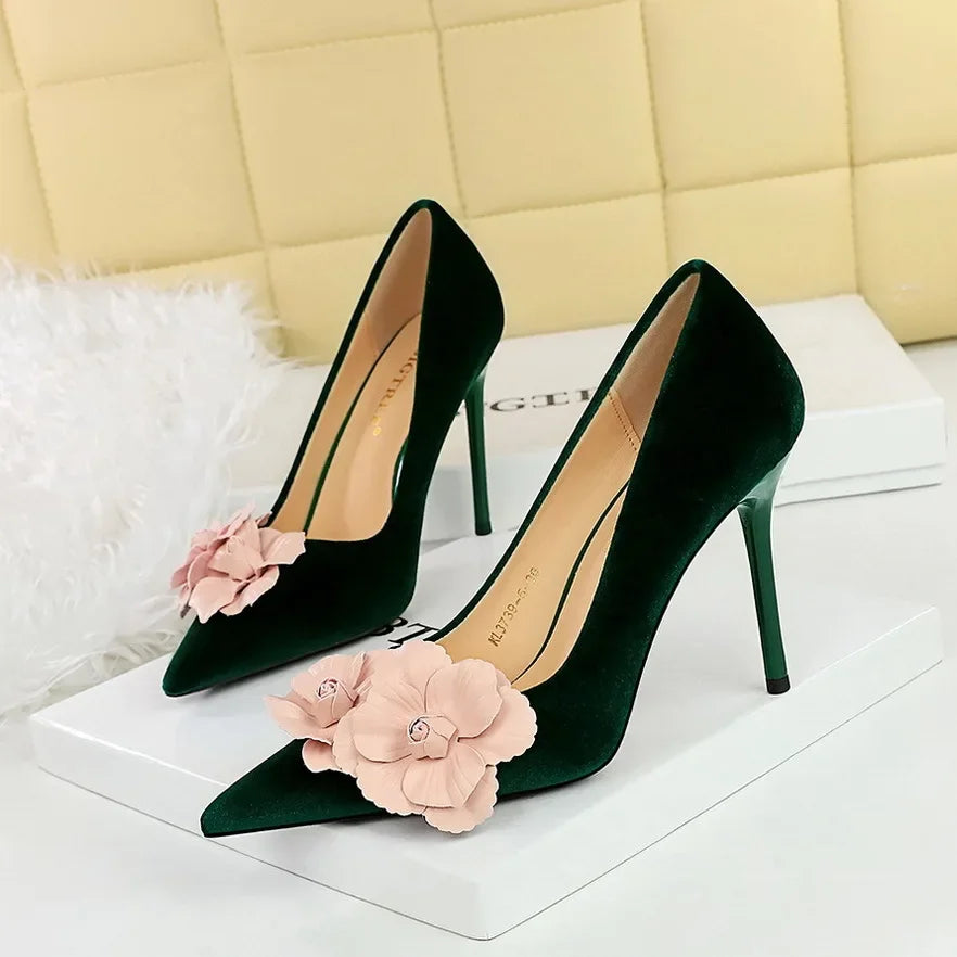 Designer Flower Pointed Toe Elegant Party Flannel Autumn High Heel