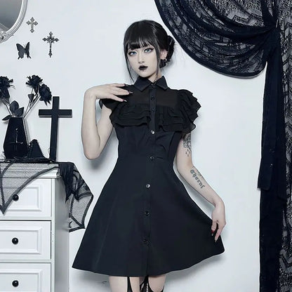 Gothic Ruffled Lower Back Mesh Yarn Hottie A-line Small Black Pleated Gothic Dress