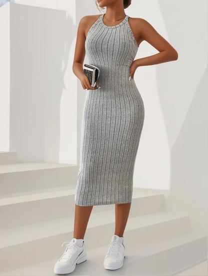 es Solid Halter Bodycon Ribbed Knit Midi Dresses