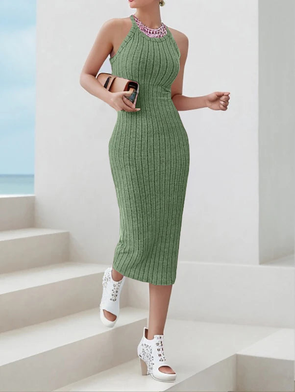 es Solid Halter Bodycon Ribbed Knit Midi Dresses