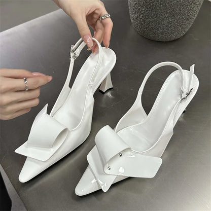 2024 New Design Splicing Rivet Buckle Strap Women Thin High Pointed Toe Stripper Party Shoes Low Heel Pumps