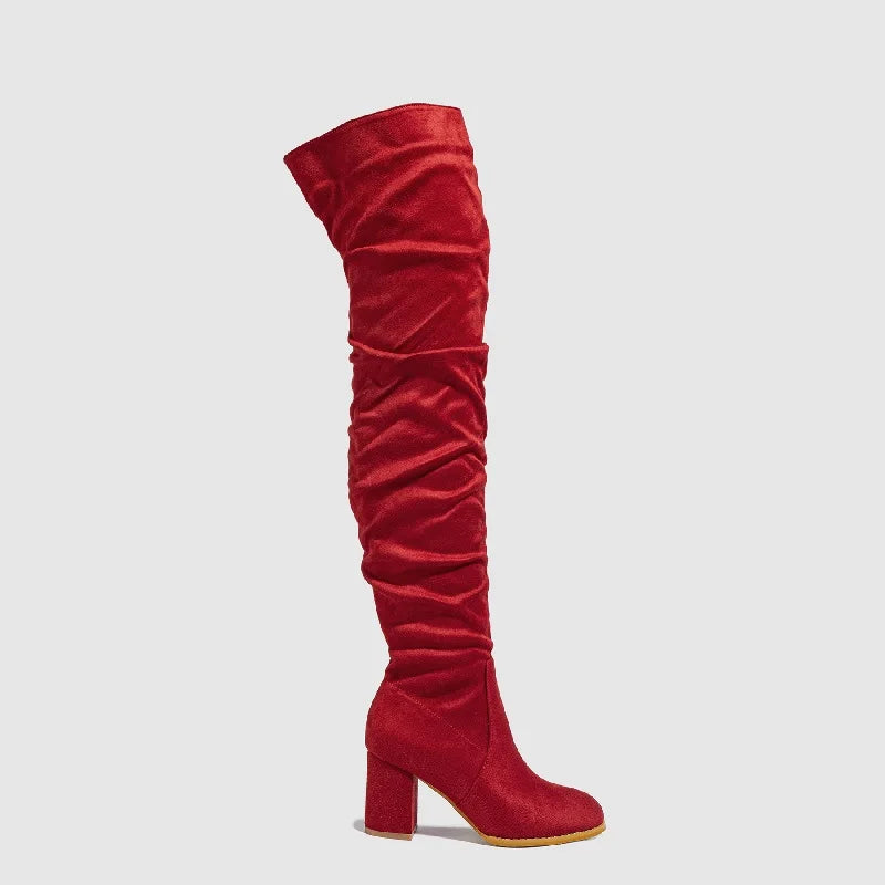 2024 Winter Zipper Flock Square Heel Thigh Long Botas De Mujer Knee High Boots