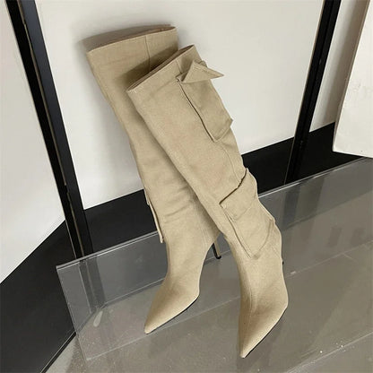 2024 New Winter Sexy Pointed Toe Thin Heels Stripper Largas De Mujer Knee High Boots