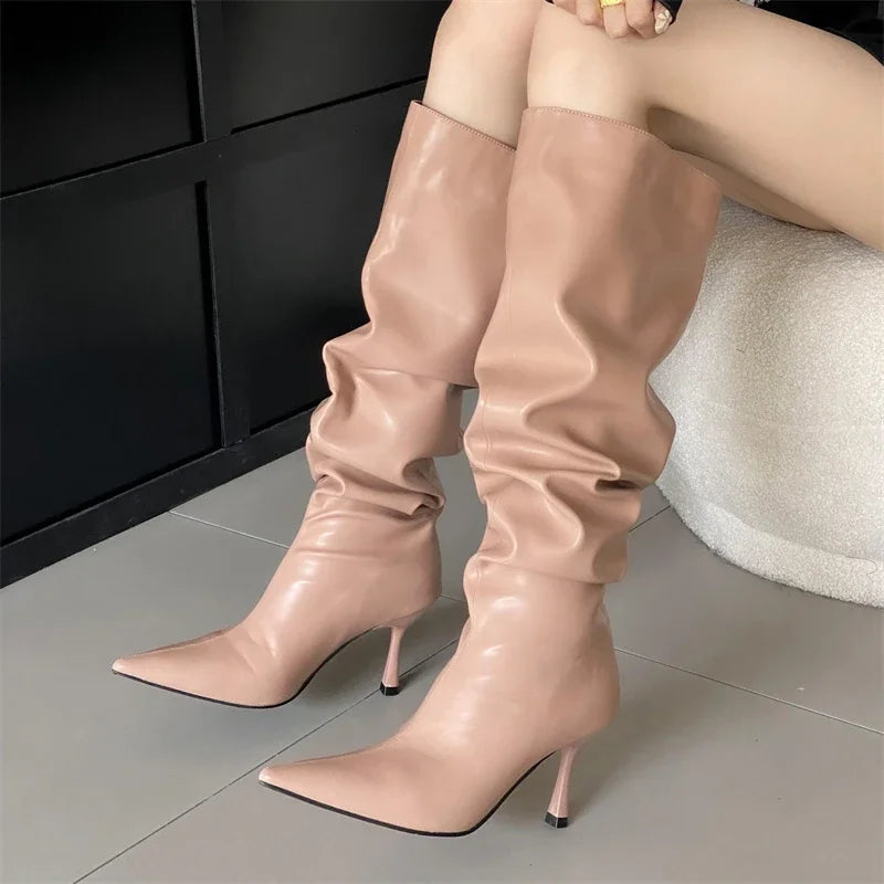 2024 Winter Sexy Pleated Designer Pointed Toe Long Thin Heels Knee High Boots