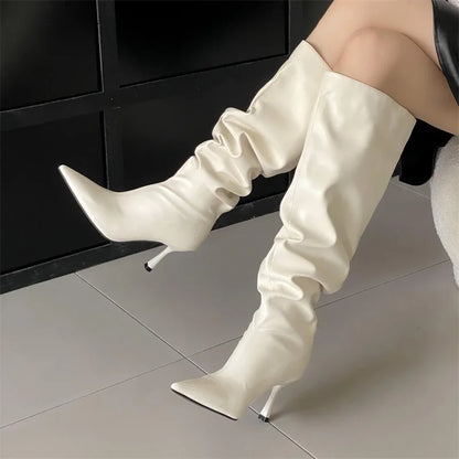 2024 Winter Sexy Pleated Designer Pointed Toe Long Thin Heels Knee High Boots