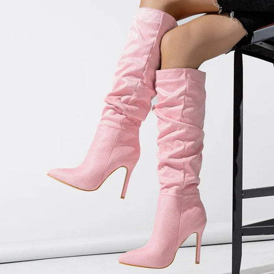 Autumn Winter Fashion Pleated Pointed Toe Modern Long Thin Heels Knee High Boots