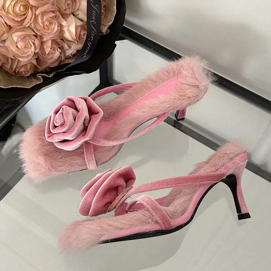 Corduroy Faux Fur Slippers Women Square Toe Highs Slides Summer Outdoor Banquet Shoes Low Heel Pumps