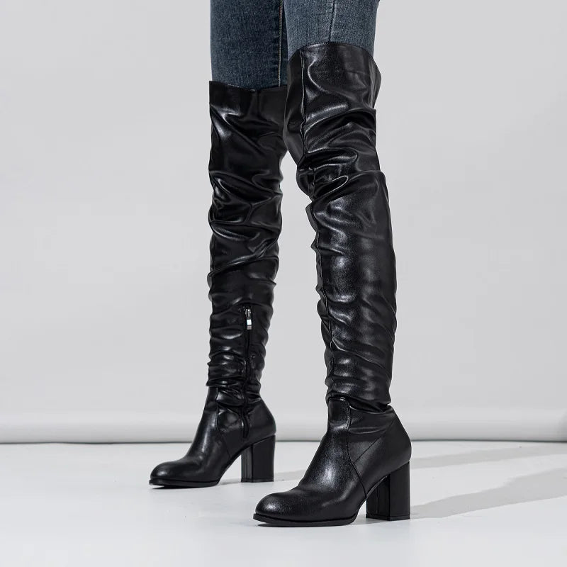 Designer Pleated Over-the-Heels Runway Round Toe Zipper Knee High Boots