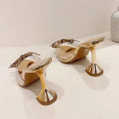 Elegant Glitter Peep Toe Women Slippers Sexy PVC Transparent High Banquet Party Mule Shoes Low Heel Pumps