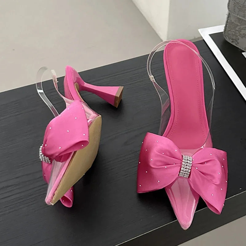 Fashion Butterfly-knot Pointed Toe Women PVC Transparent Highs Wedding Banquet Mules Shoes Low Heel Pumps