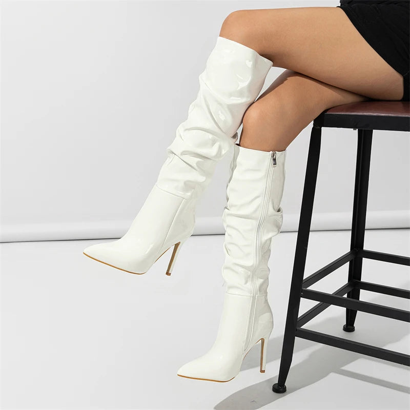 Fashion Patent Leather Sexy Pointed Toe Thin Heels Zipper Long Knee High Boots