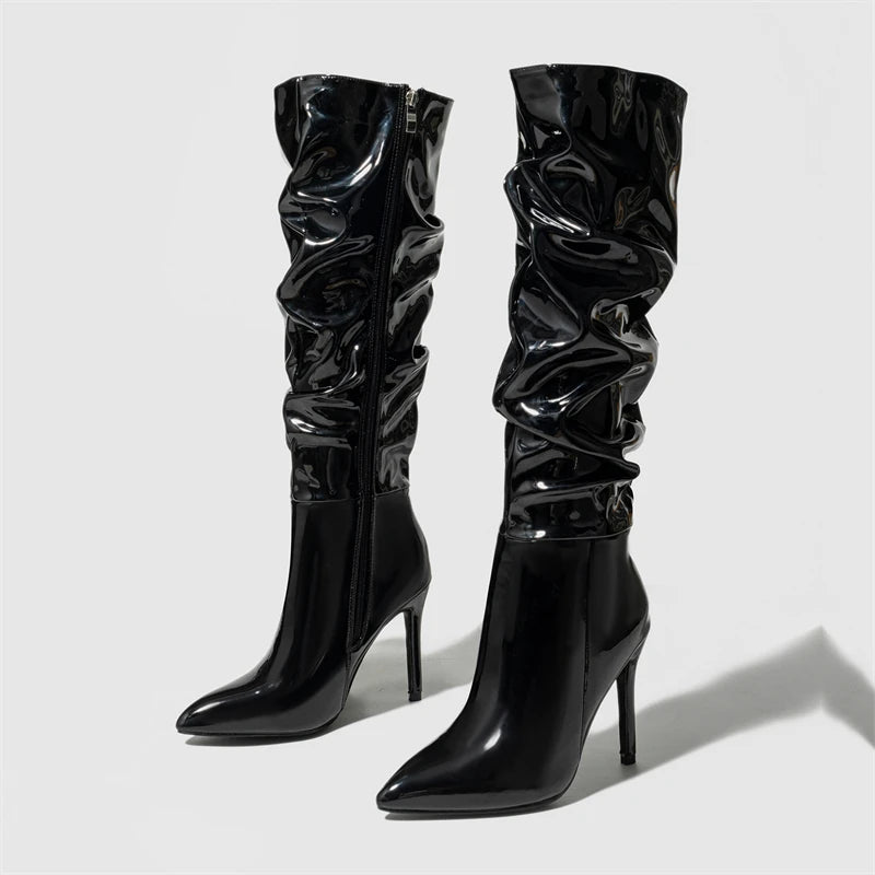 Fashion Patent Leather Sexy Pointed Toe Thin Heels Zipper Long Knee High Boots