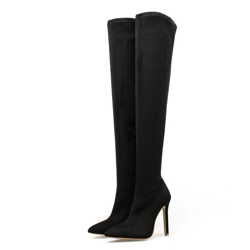 Fashion Pointed Toe Thin Heels Sexy Flock Thigh Long Autumn Winter Knee High Boots