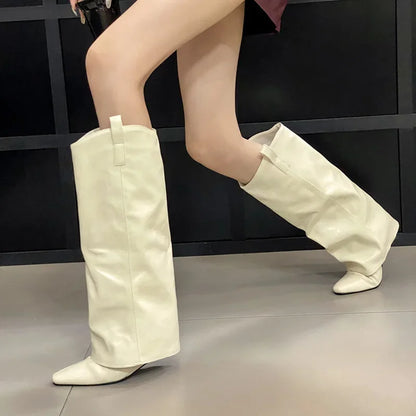 Fashion Wedges Heels Pleated Pointed Toe Design Style Ladies Knee High Boots