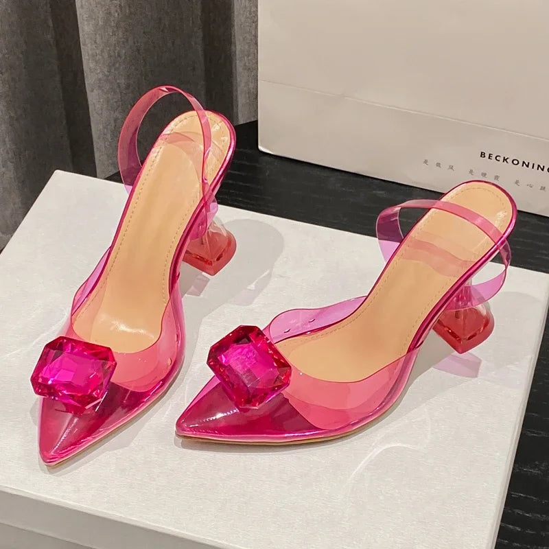 Sexy Perspex High Slingbacks Women Designer Pointed Toe PVC Transparent Shoes Low Heel Pumps