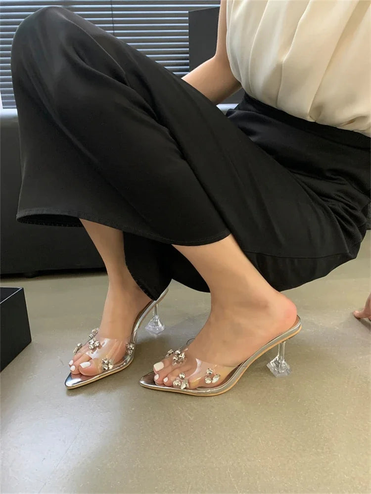 Sexy Diamond PVC Transparent Pointed Toe High Women Slippers Summer Slide Shoes Low Heel Pumps