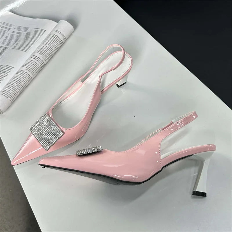 Sexy Square Button Women Thin Pointed Toe Slingback Mules Ladies Shoes Low Heel Pumps