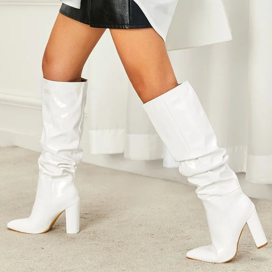 Sexy Street Designer Pointed Toe Patent Leather Chunky Heels Knee High Boots