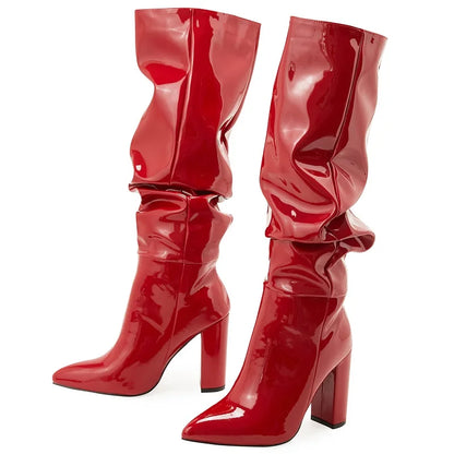 Sexy Street Designer Pointed Toe Patent Leather Chunky Heels Knee High Boots