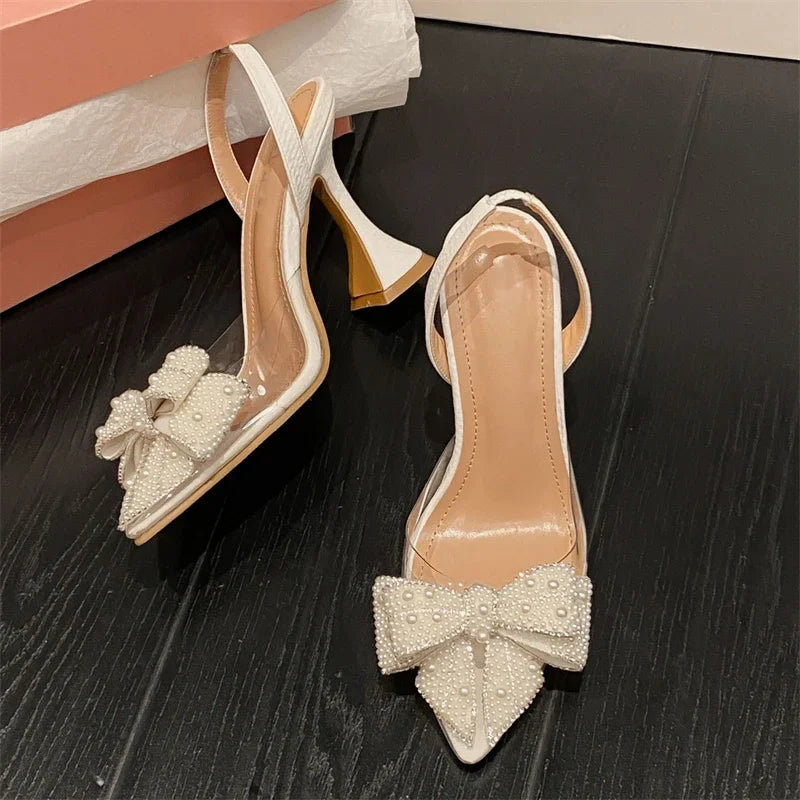 Spring Butterfly-knot PVC Transparent String Bead Women Fashion Pointed Toe Party High Mules Shoes Low Heel Pumps