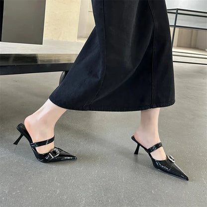 Spring Fashion Buckle Strap Design Style Thins Ladies Pointed Toe Shal Shoes Mules Sandals Low Heel Pumps