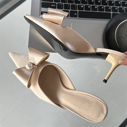 Spring Sexy Butterfly-knot Women Slipper Pointed Toe Slip On Ladies Elegant Mules Shoes Low Heel Pumps