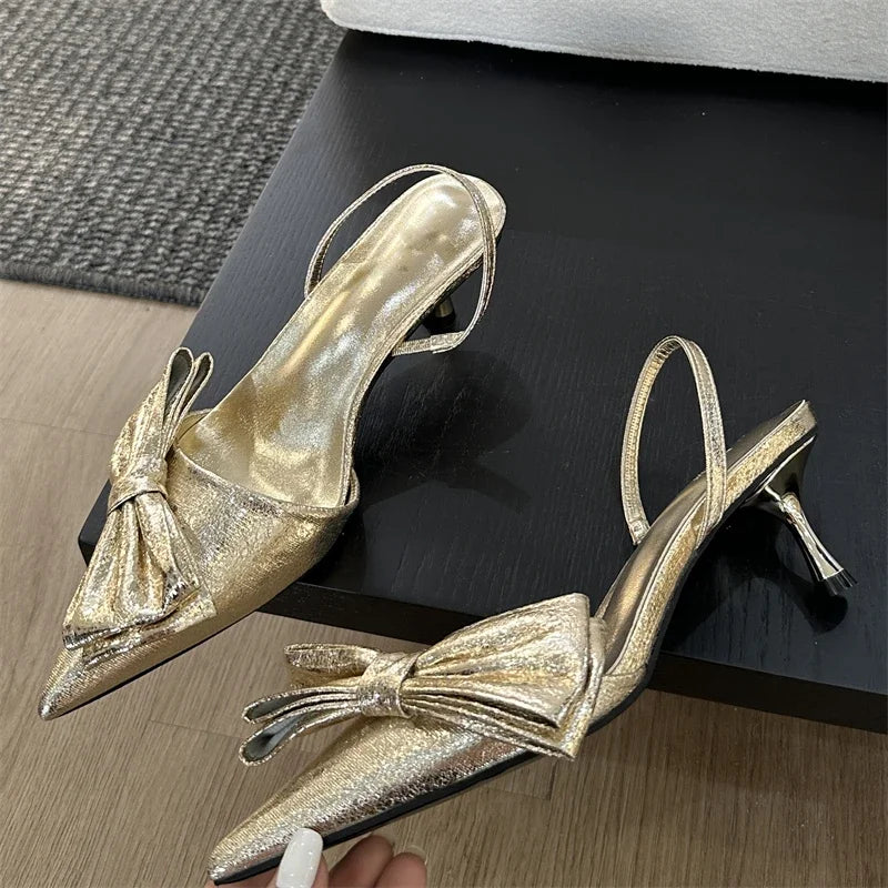 Street Style Butterfly-knot Sexy Pointed Toe Thin Women Shoes Elegant Slingbacks Sandals Low Heel Pumps