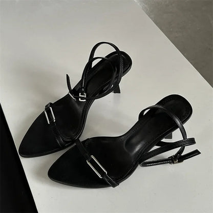 Summer Ankle Buckle Strap Women Pointed Toe Thin Highs Casual Shoes Low Heel Pumps