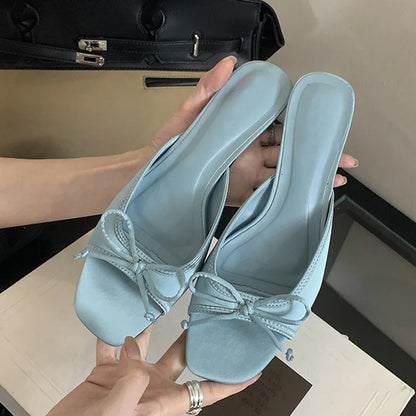 Summer Design Square Toe Slippers Fashion Butterfly-knot Women Shoes Low Heel Pumps