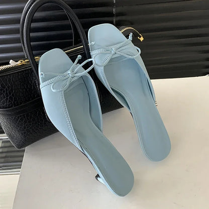 Summer Design Square Toe Slippers Fashion Butterfly-knot Women Shoes Low Heel Pumps