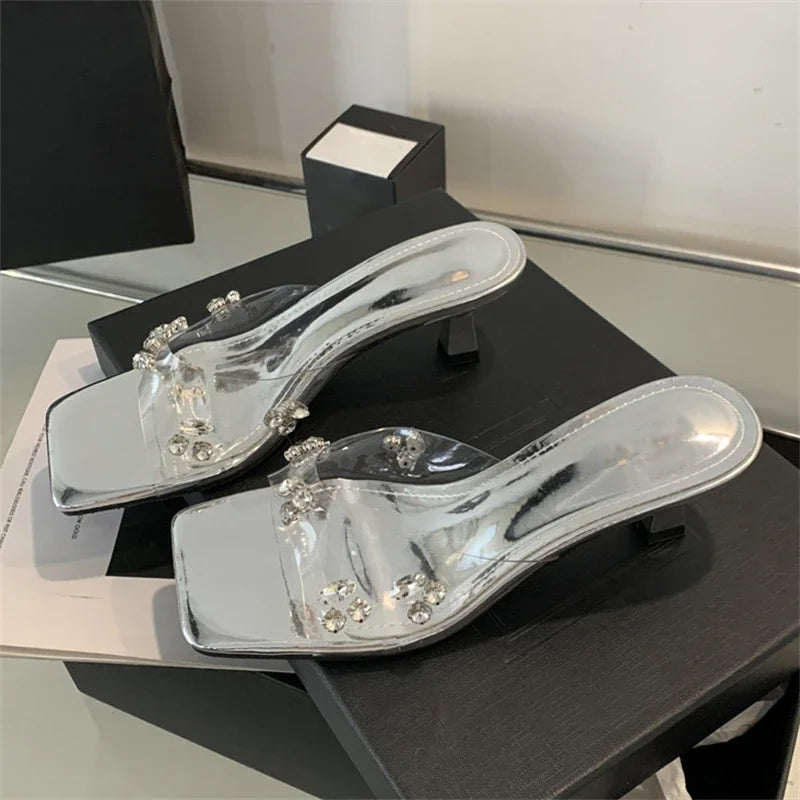 Summer Fashion PVC Transparent Square Toe Women Slippers Casual Slide Ladies Shoes Low Heel Pumps