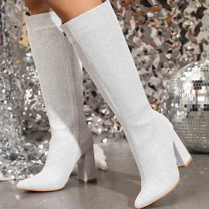 Winter Sequin Cloth Pointed Toe Heels Banquet Zipper Party Knee High Boots