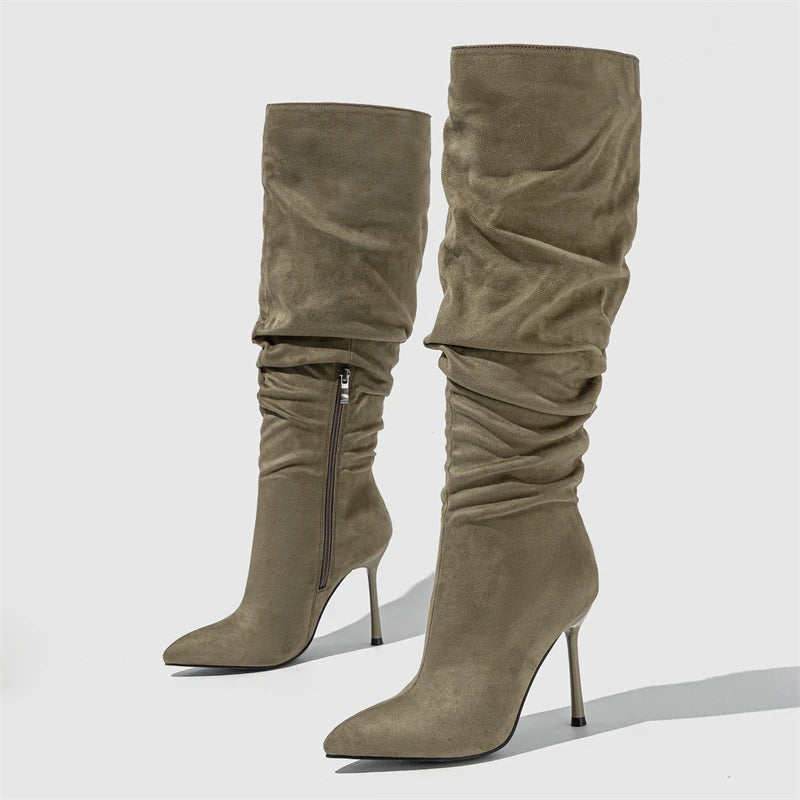 Winter Fashion Sexy Pleated Denim Pointed Toe Thin Heels Knee High Boots