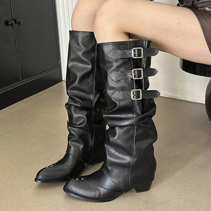 Winter Soft Leather Pleated Buckle Strap Round Toe Square Low Heels Knee High Boots