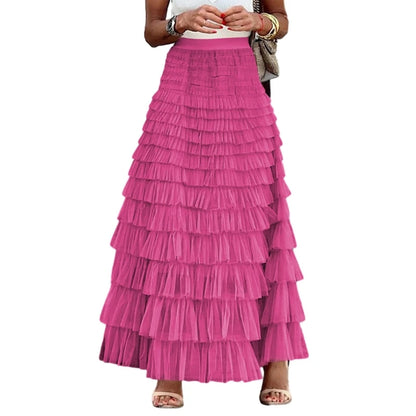 Elegant Fairy Tulle Tiered Elastic High Waist Mesh Ruffle Layered Long Skirt