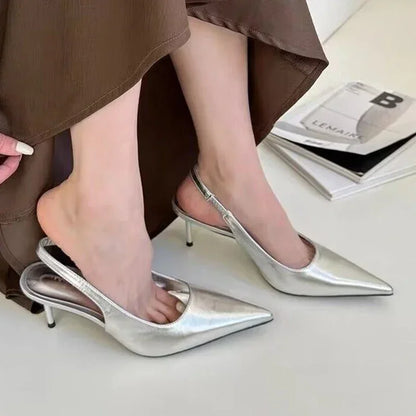 Elegant Silver Summer Slingbacks Pointed Party Solid Stylish Low Heel Pumps