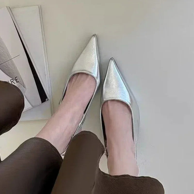 Elegant Silver Summer Slingbacks Pointed Party Solid Stylish Low Heel Pumps