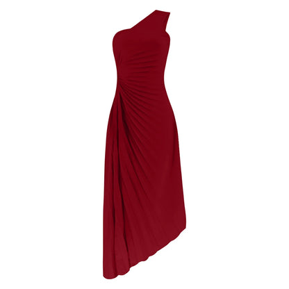 Elegant One Shoulder Pleated Simple Sleeveless High Waist Long Formal Party Summer Casual Dress