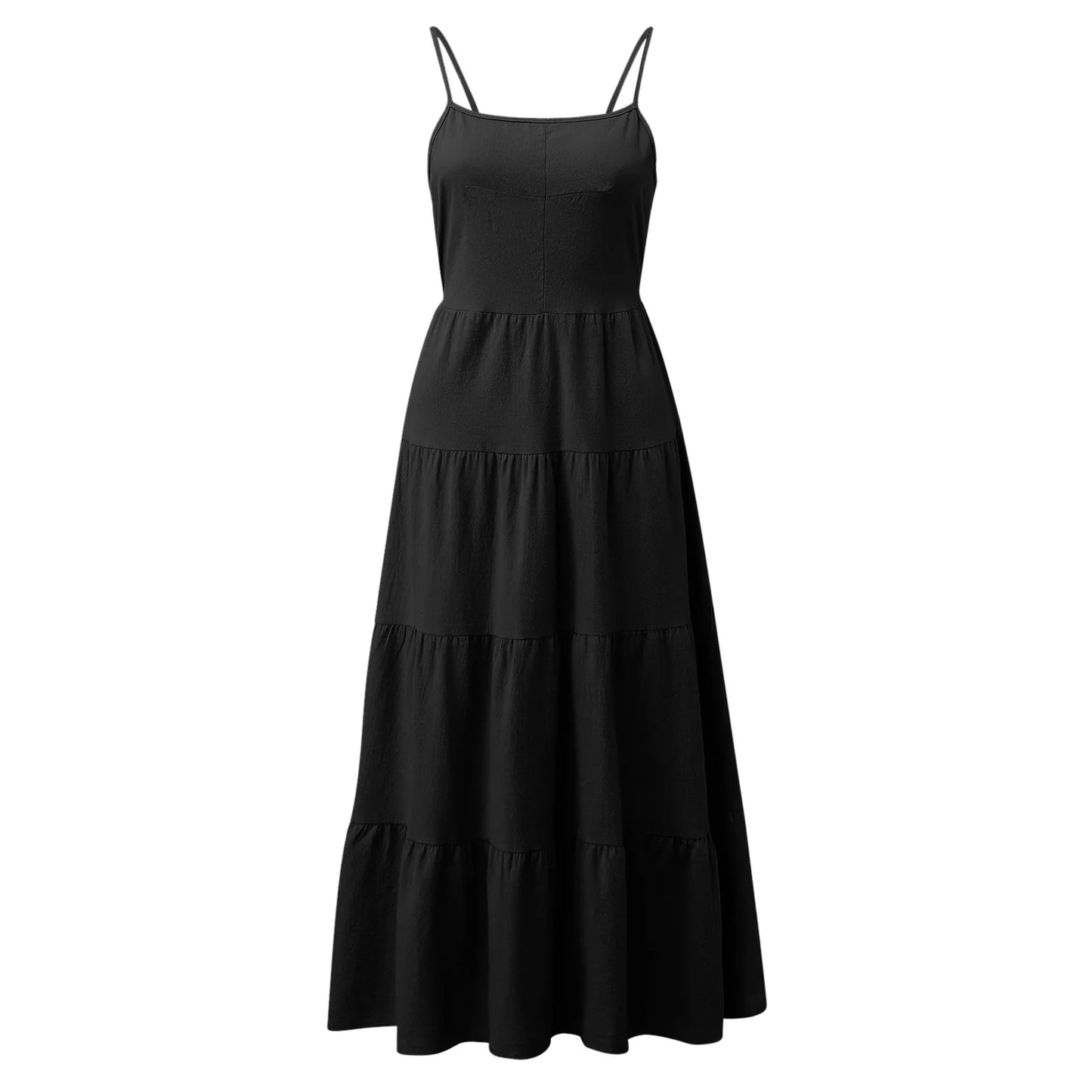 Elegant Spaghetti Strap Summer Backless Ruffles Beach Casual Black Dress