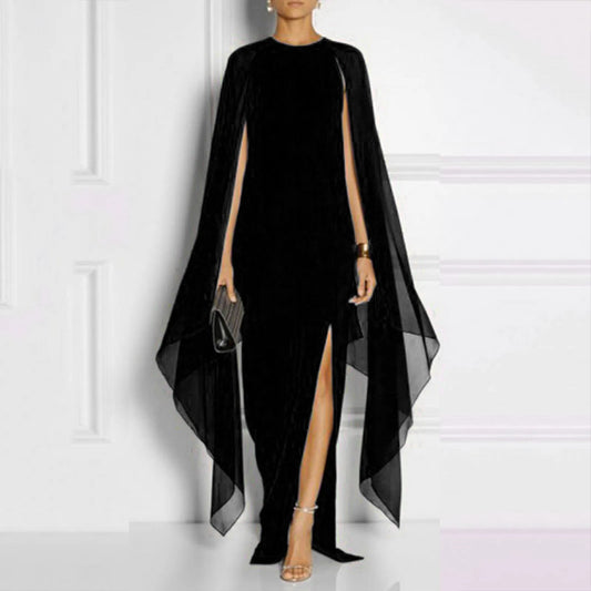 Elegant Summer Maxi Chiffon Cape Sexy Long High Slit Irregular Batwing Sleeve Vestidos Dress