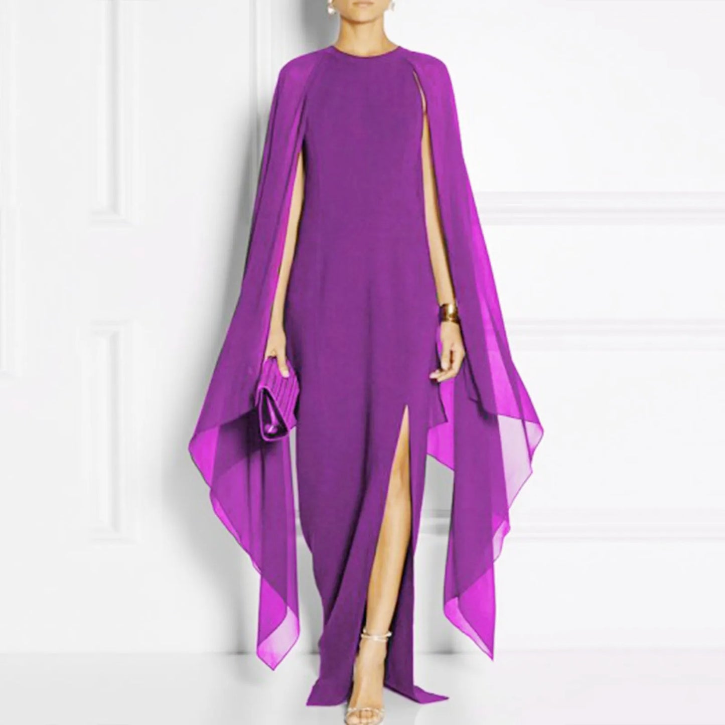 Elegant Summer Maxi Chiffon Cape Sexy Long High Slit Irregular Batwing Sleeve Vestidos Dress