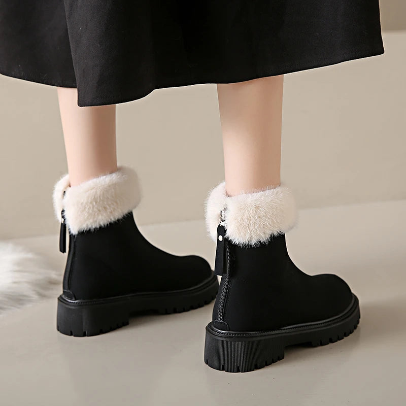 Elegant and Simple Women's Plush Shoes 2024 New Back Zipper Design Fashionable and Versatile Winter Cotton Boots Botas De Mujer